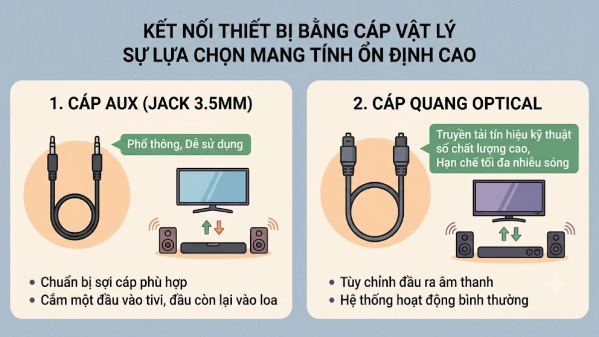Kết nối thiết bị bằng cáp AUX hoặc Optical