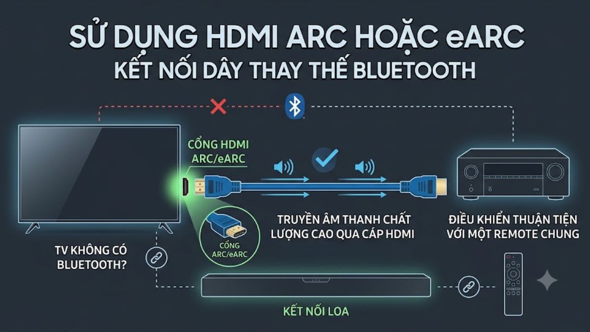 Dùng HDMI ARC hoặc eARC nếu thiết bị hỗ trợ