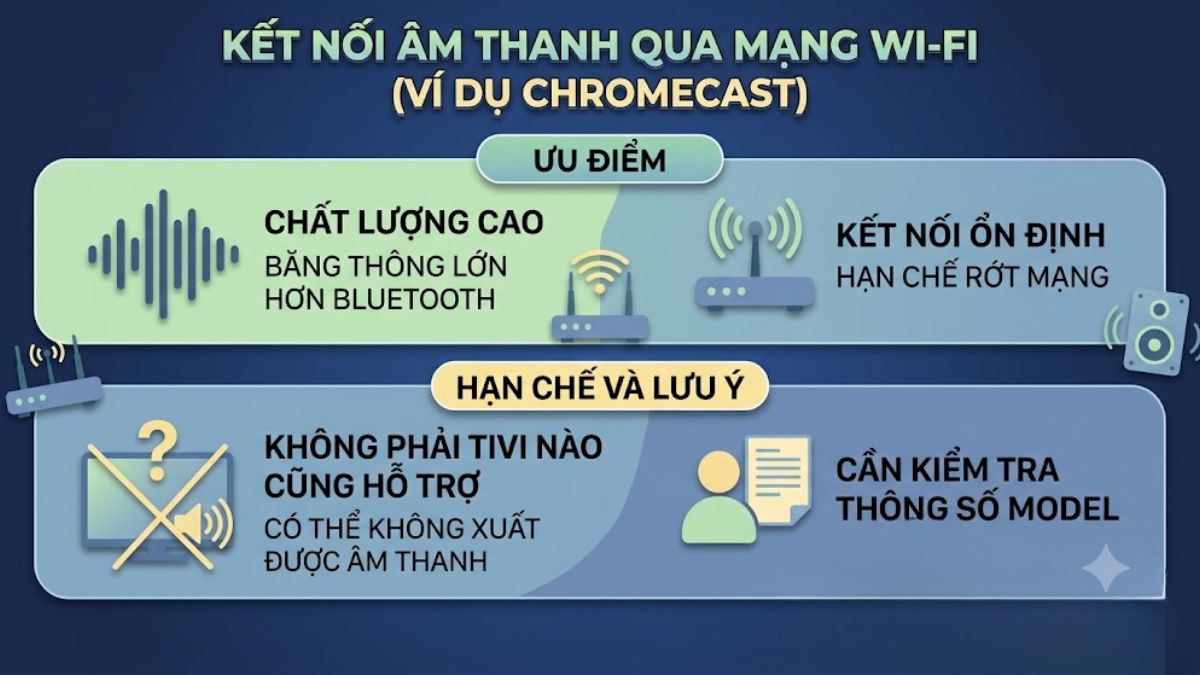Kết nối thông qua Wifi hoặc Chromecast (nếu phù hợp)
