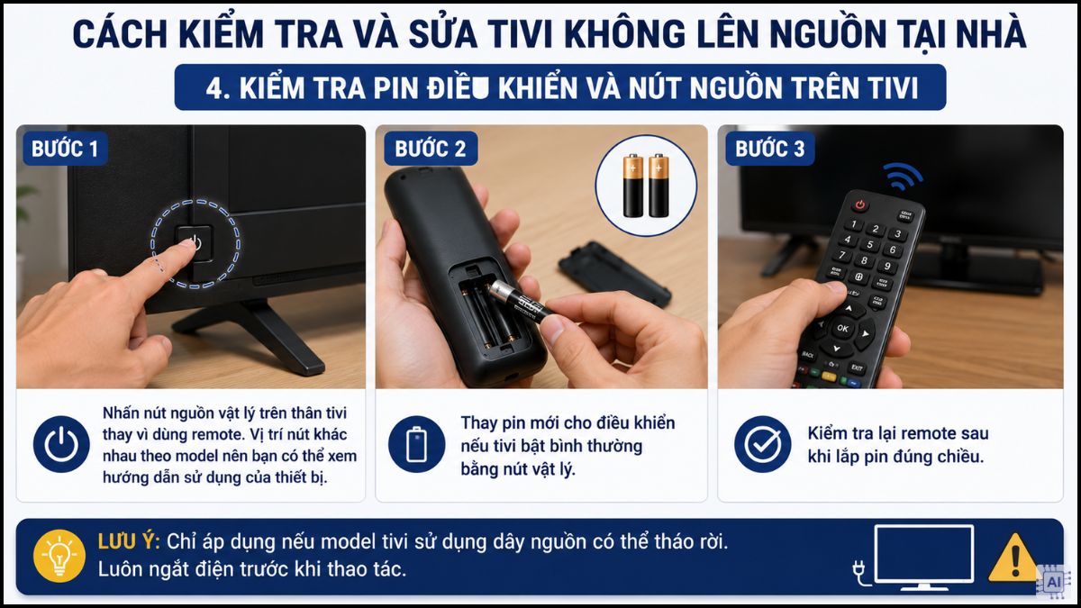 Kiểm tra pin điều khiển và nút nguồn trên tivi