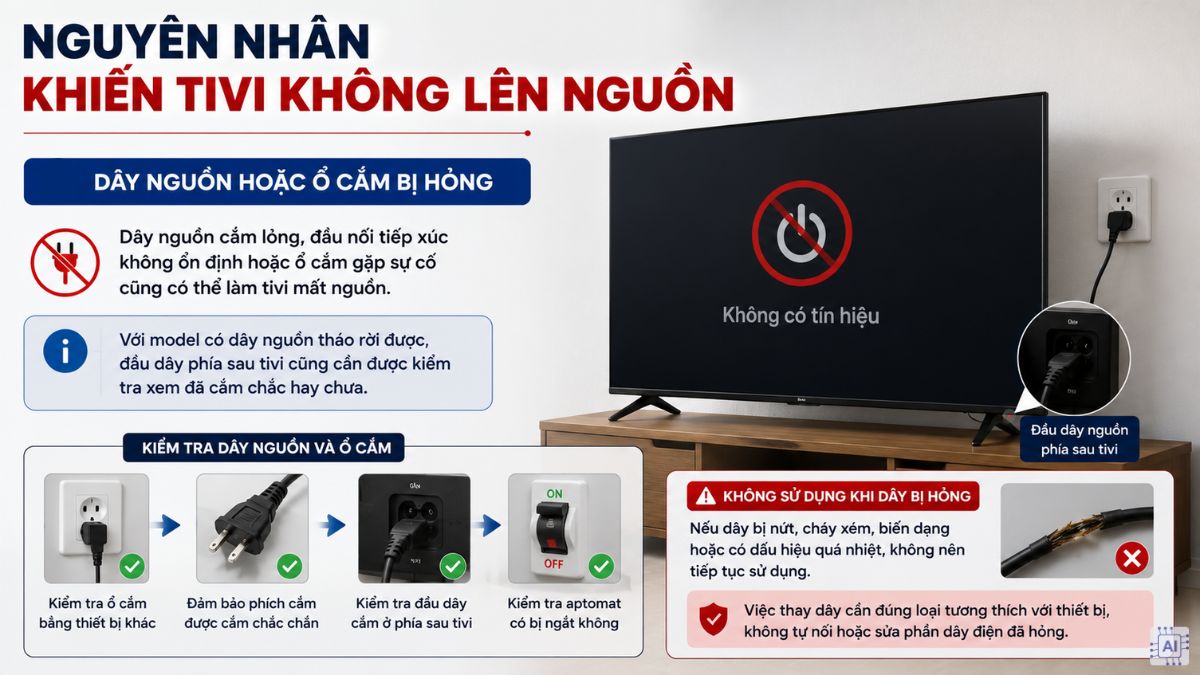 Dây nguồn hoặc ổ cắm bị hỏng
