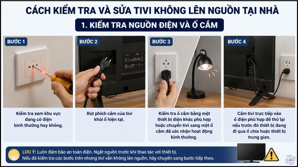 Kiểm tra nguồn điện và ổ cắm