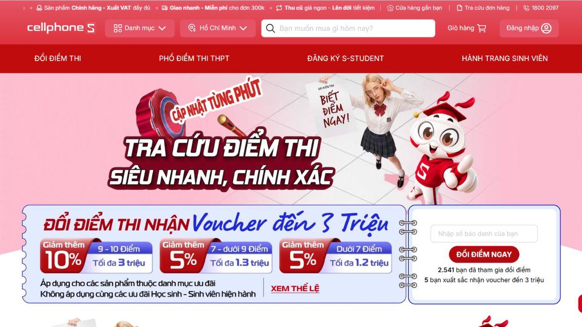 Tra cứu đổi điểm thi tại CellphoneS