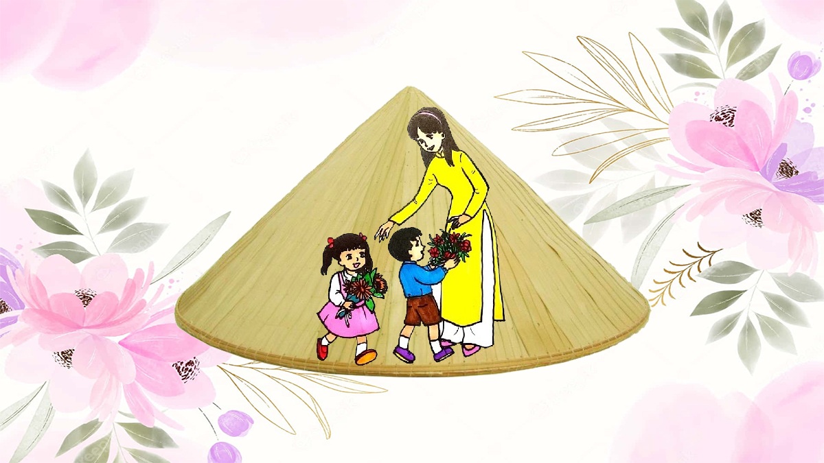 Trang trí nón lá chủ đề Cô giáo và học sinh