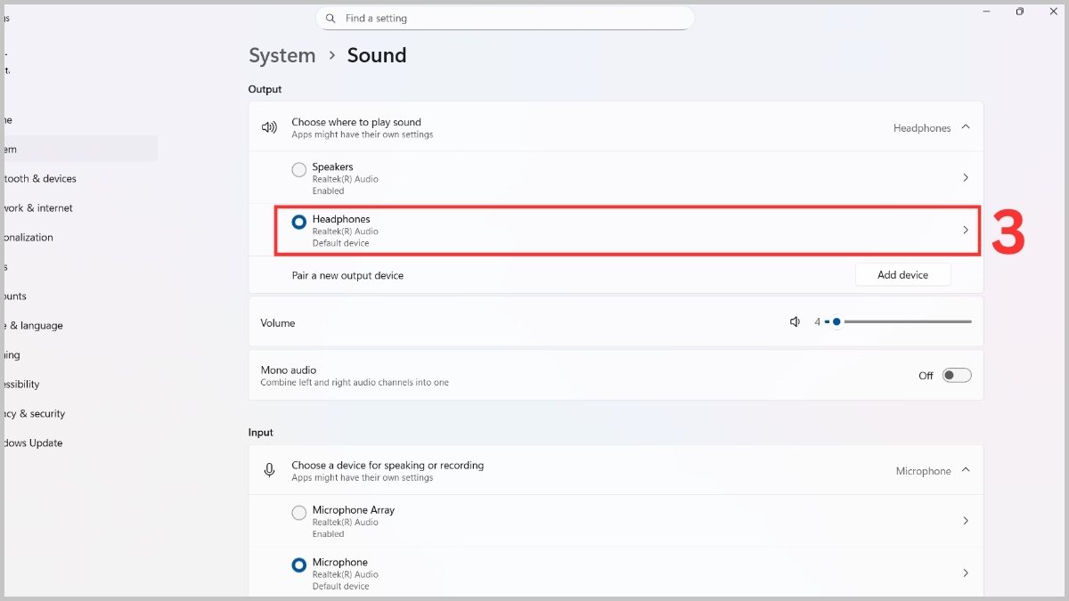 Kiểm tra Output device trong Settings