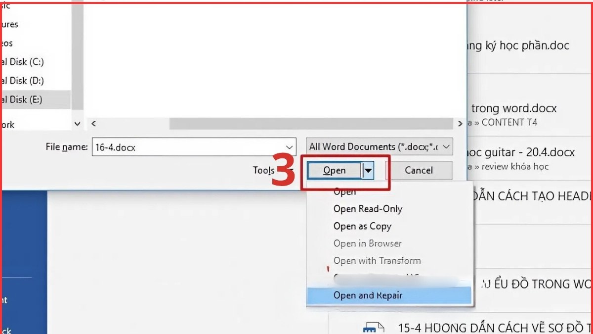 Sử dụng Open and Repair để sửa file Word