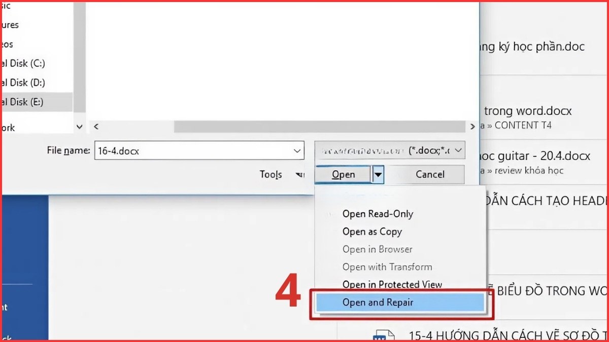 Sử dụng Open and Repair để sửa file Word