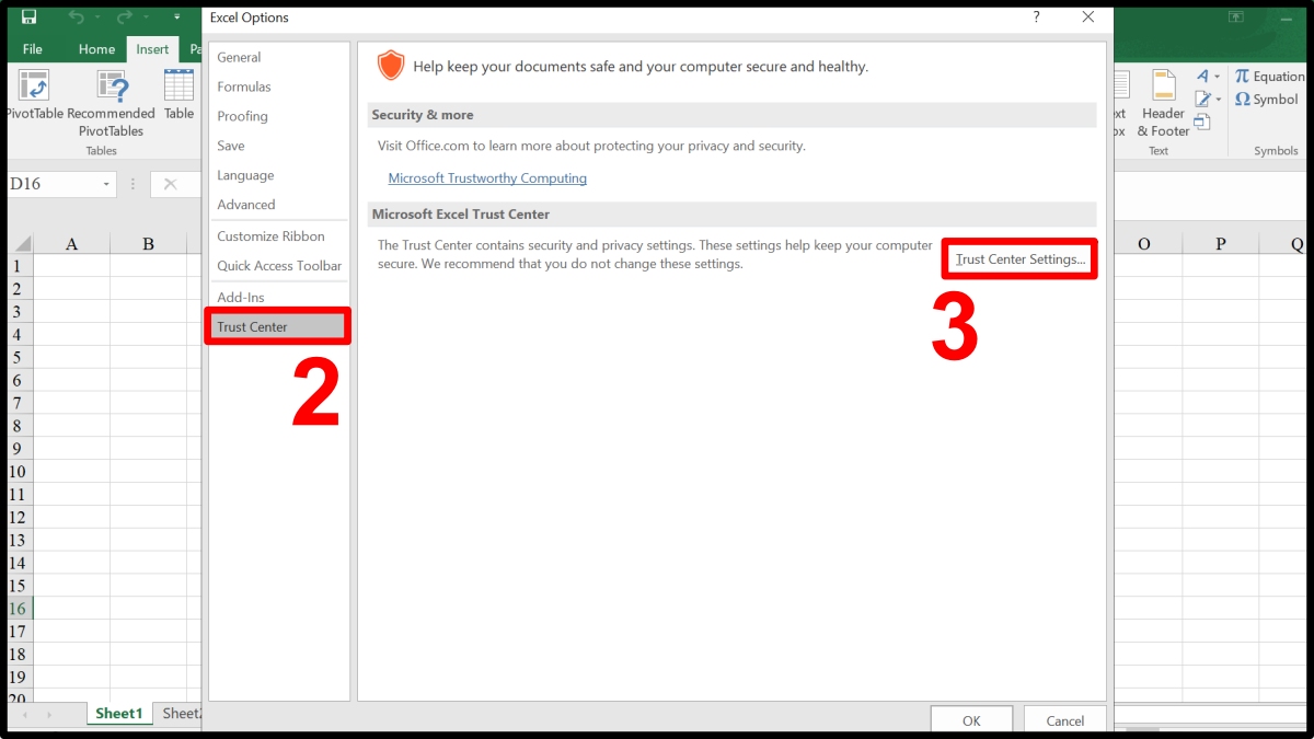 Cần bật Macro Security nếu xóa bằng VBA