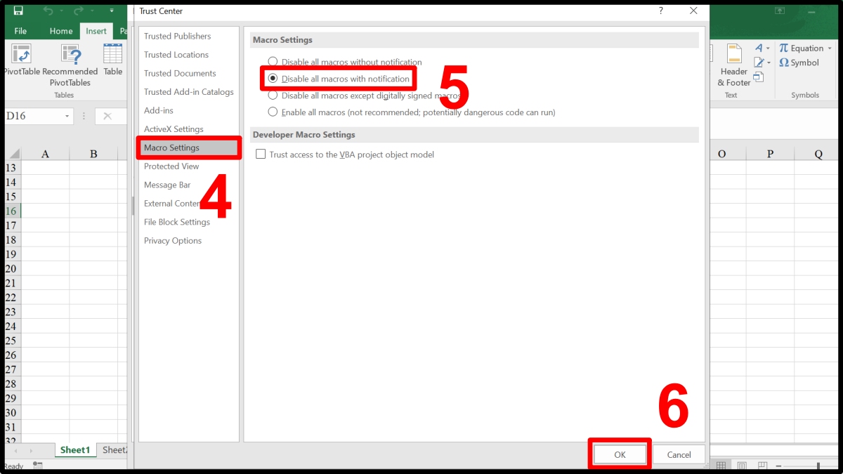 Cần bật Macro Security nếu xóa bằng VBA