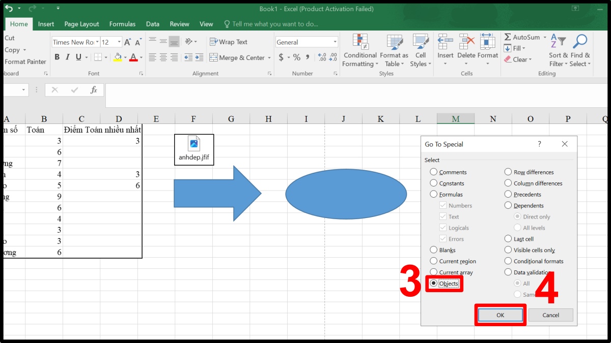 Sử dụng Go To Special để xóa object trong Excel