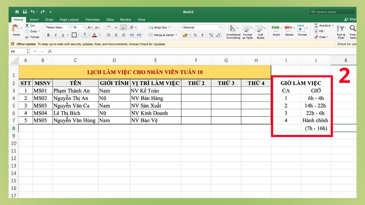 Hướng dẫn cách xếp lịch làm việc cho nhân viên bằng Excel