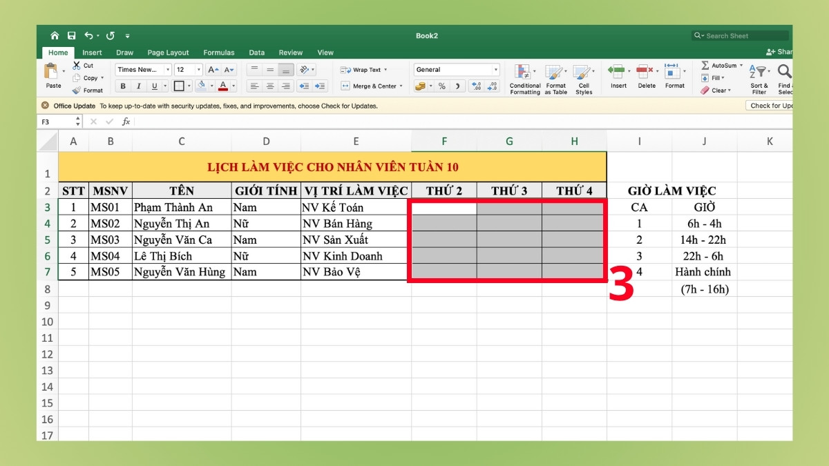 Hướng dẫn cách xếp lịch làm việc cho nhân viên bằng Excel