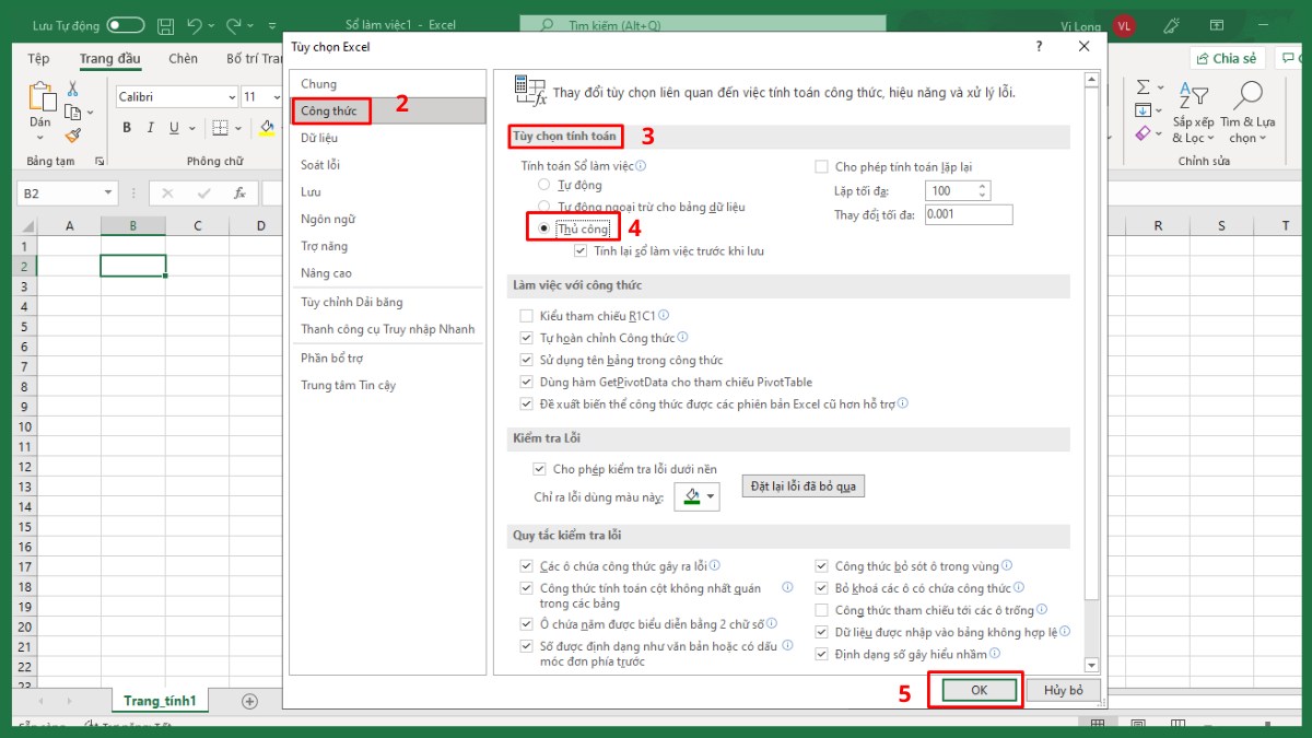 Tắt tính năng tự động tính toán