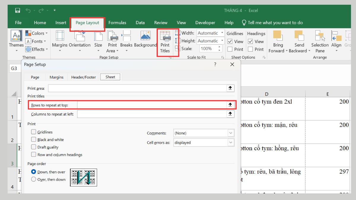Bảng không hiển thị tiêu đề khi in nhiều trang