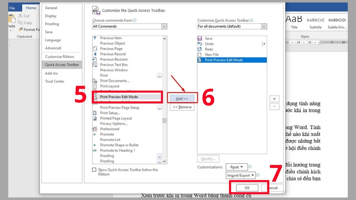 Sử dụng Quick Print hoặc Ctrl + P để xem trước file Word khi in