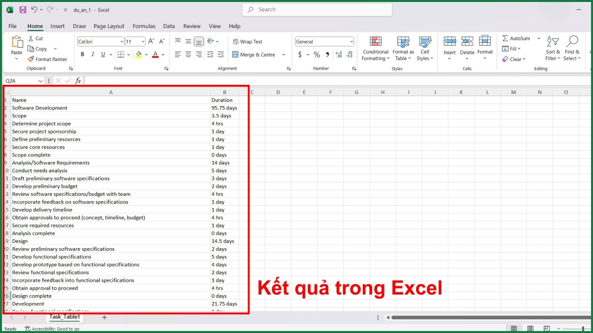 Dùng chức năng Export to Excel để xuất project sang Excel