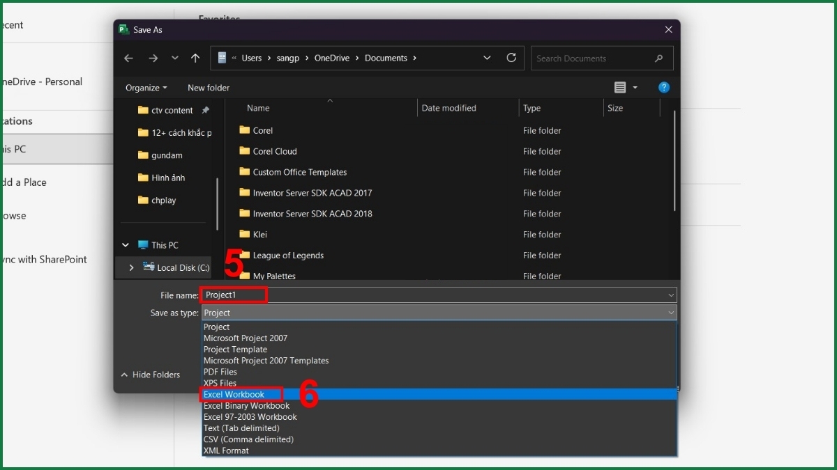 Sử dụng tính năng Save As có thể xuất được từ project sang Excel