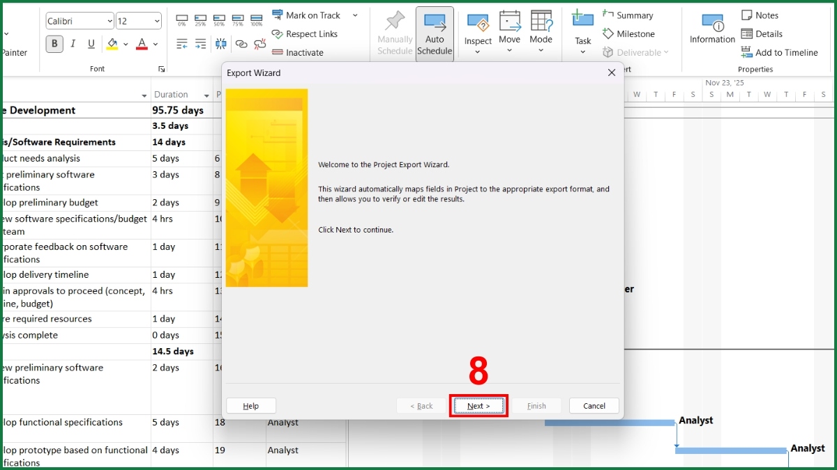 Dùng chức năng Export to Excel để xuất project sang Excel