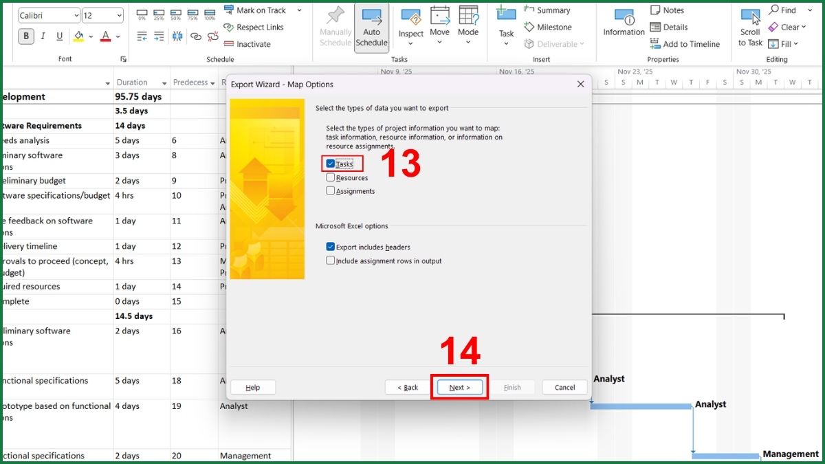 Dùng chức năng Export to Excel để xuất project sang Excel