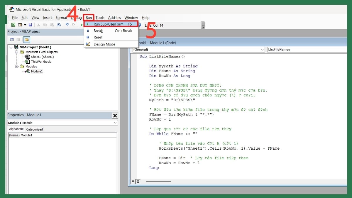 Sử dụng công thức Excel (VBA) để xuất tên file trong folder