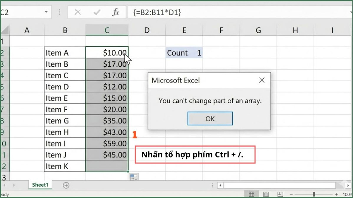 Xóa toàn bộ Array Formula trước khi chỉnh sửa