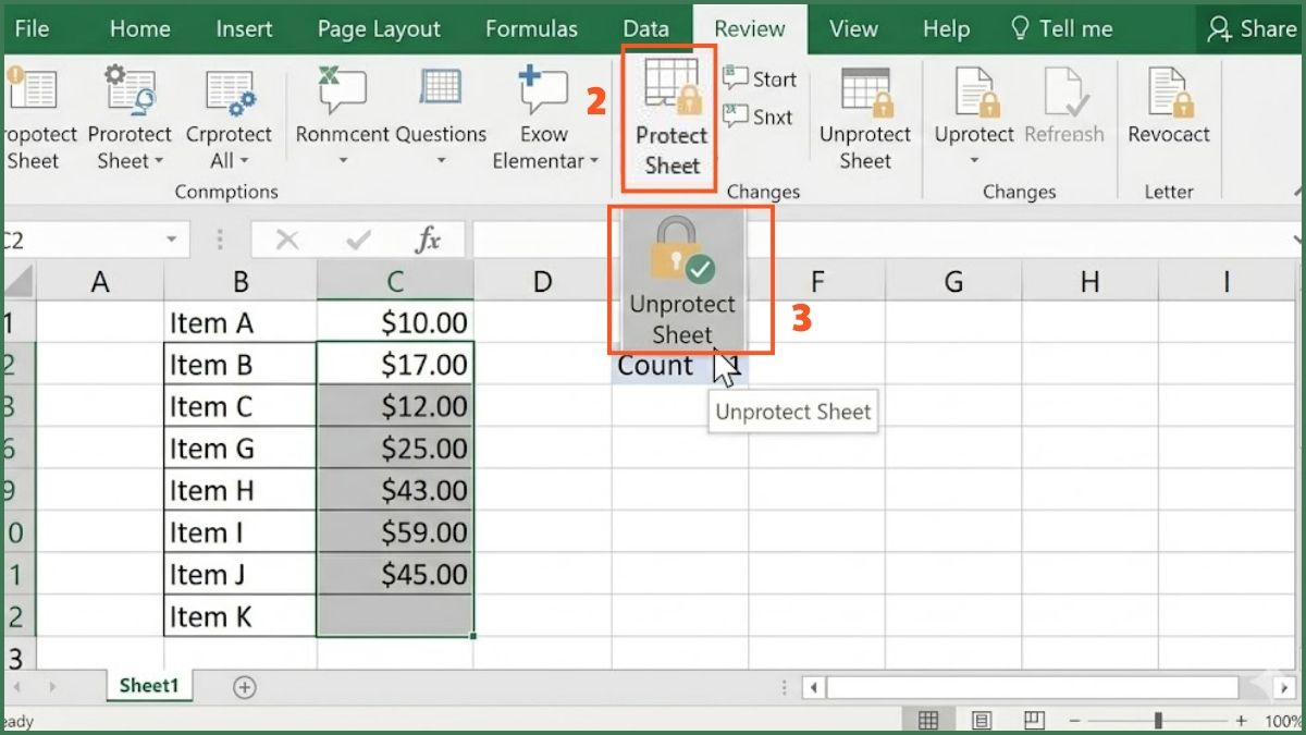 Tắt bảo vệ Sheet nếu bị khóa ô