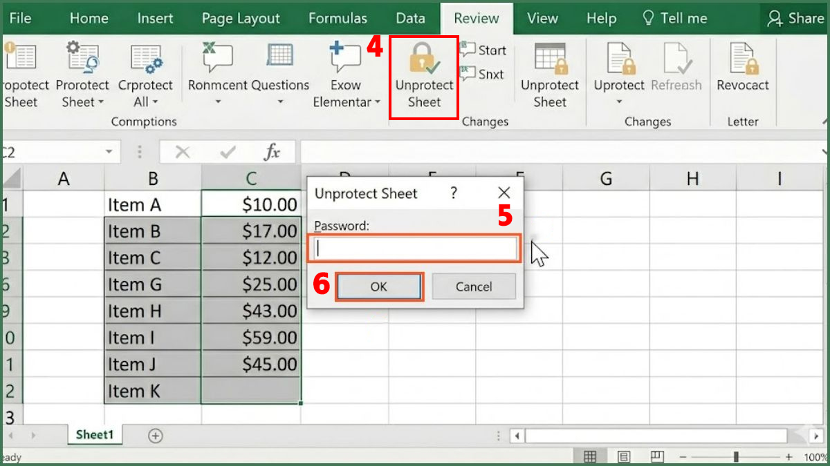 Tắt bảo vệ Sheet nếu bị khóa ô