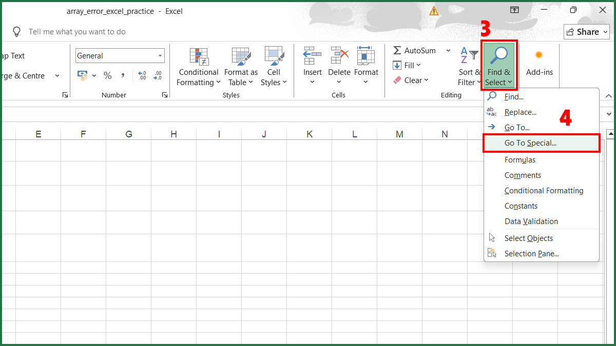 Sử dụng tính năng “Go To Special” để kiểm tra lỗi You can’t change part of an array