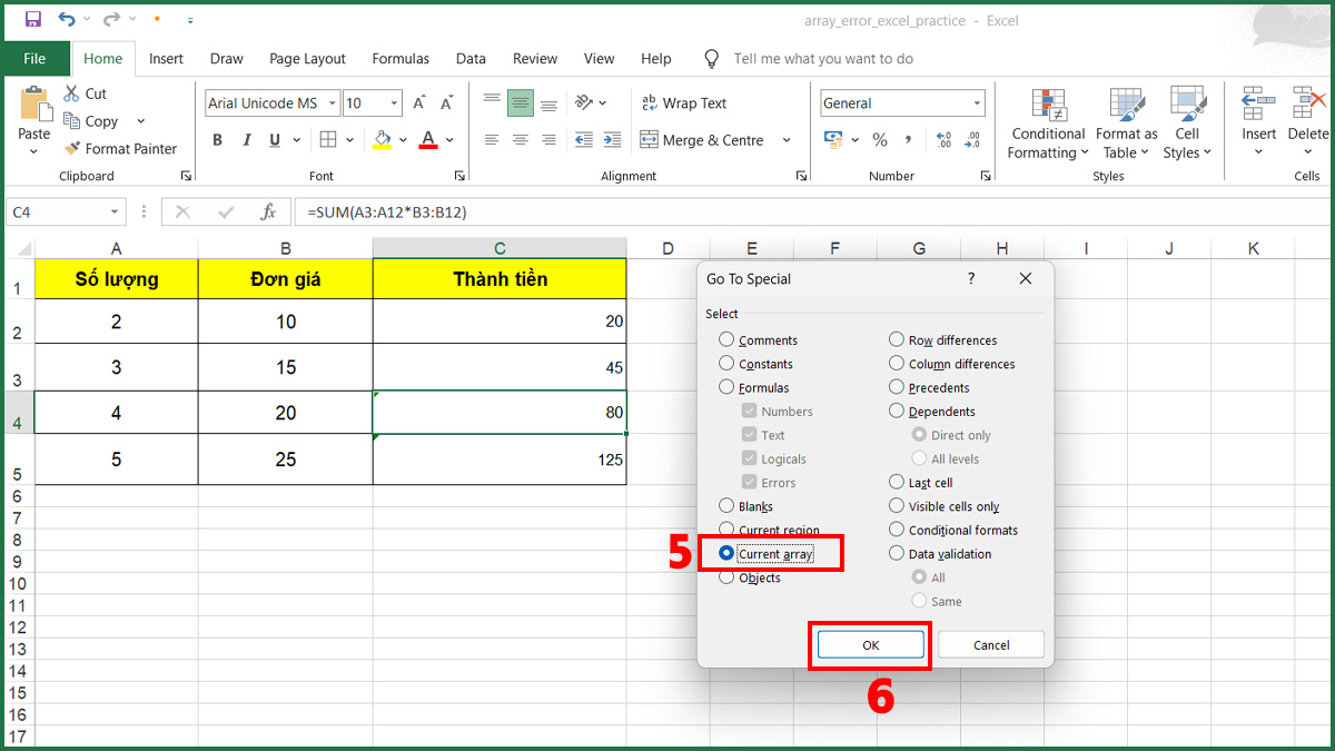 Sử dụng tính năng “Go To Special” để kiểm tra lỗi You can’t change part of an array