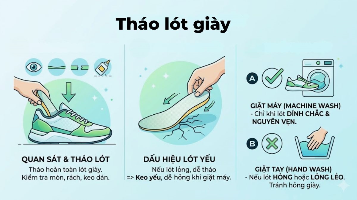 Cách kiểm tra trước khi giặt giày bằng máy giặt - tháo lót giày