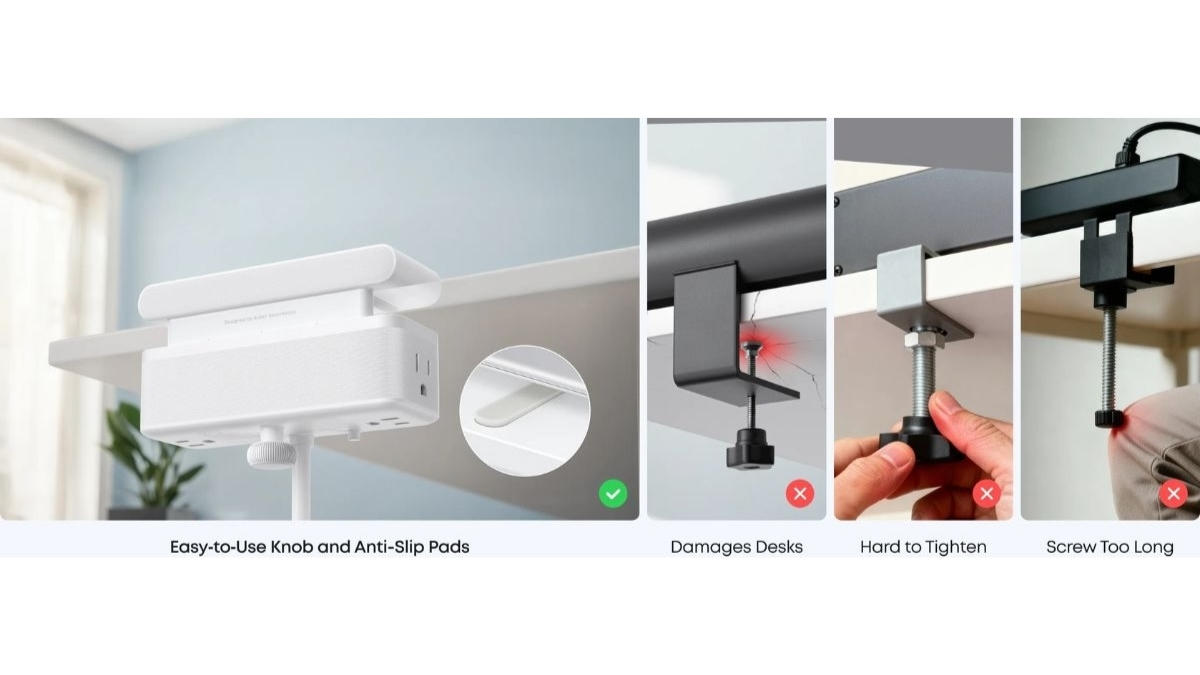 Thiết bị được gắn chặt vào mép bàn thông qua một núm xoay tích hợp