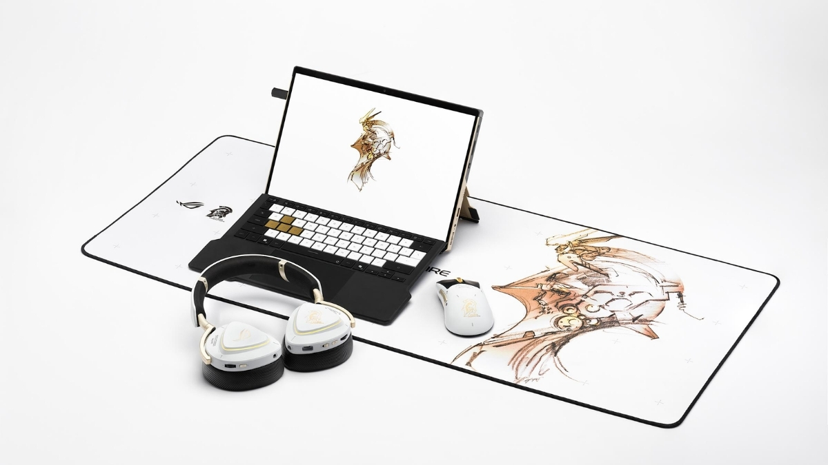 Đi kèm với thiết kế ấn tượng là nhiều món phụ kiện đồng bộ bao gồm chuột, túi đựng, tai nghe và lót chuột