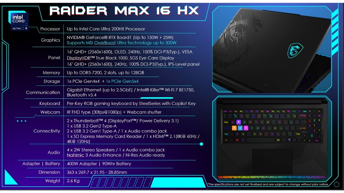 Raider 16 Max HX với công nghệ MSI Overboost có thể đẩy tổng công suất lên mức kỷ lục 300W