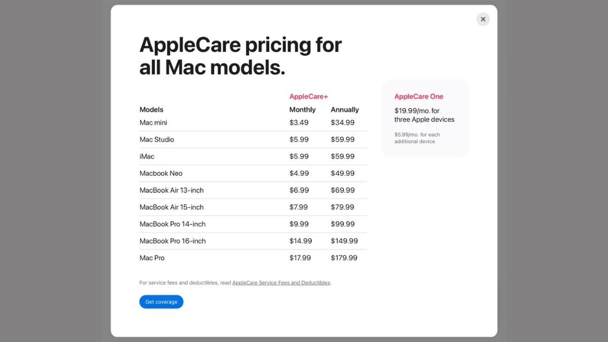 Bảng chi phí sửa chữa nếu có gói bảo hành AppleCare+ cho Macbook Neo