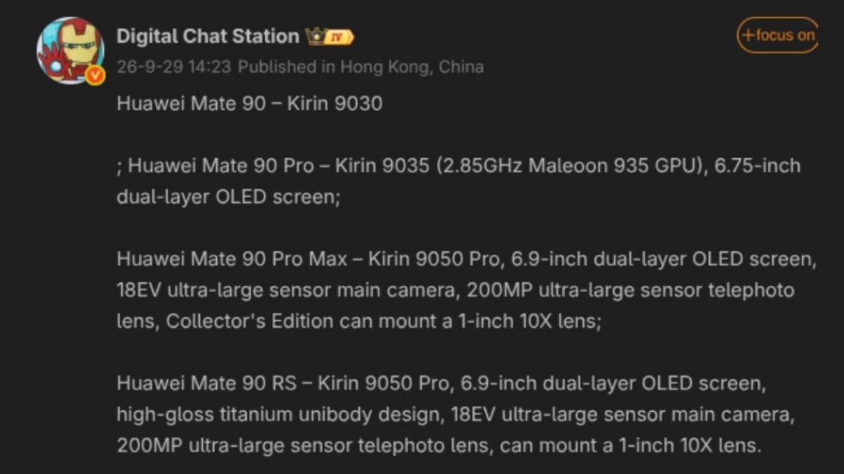 Huawei Mate 90 Pro Max và Huawei Mate 90 RS, hãng sẽ trang bị vi xử lý Kirin 9050 Pro