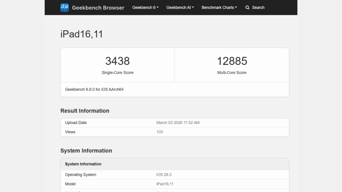 Điểm số Geekbench được cho là của mẫu iPad Air M4 xuất hiện trên cơ sở dữ liệu