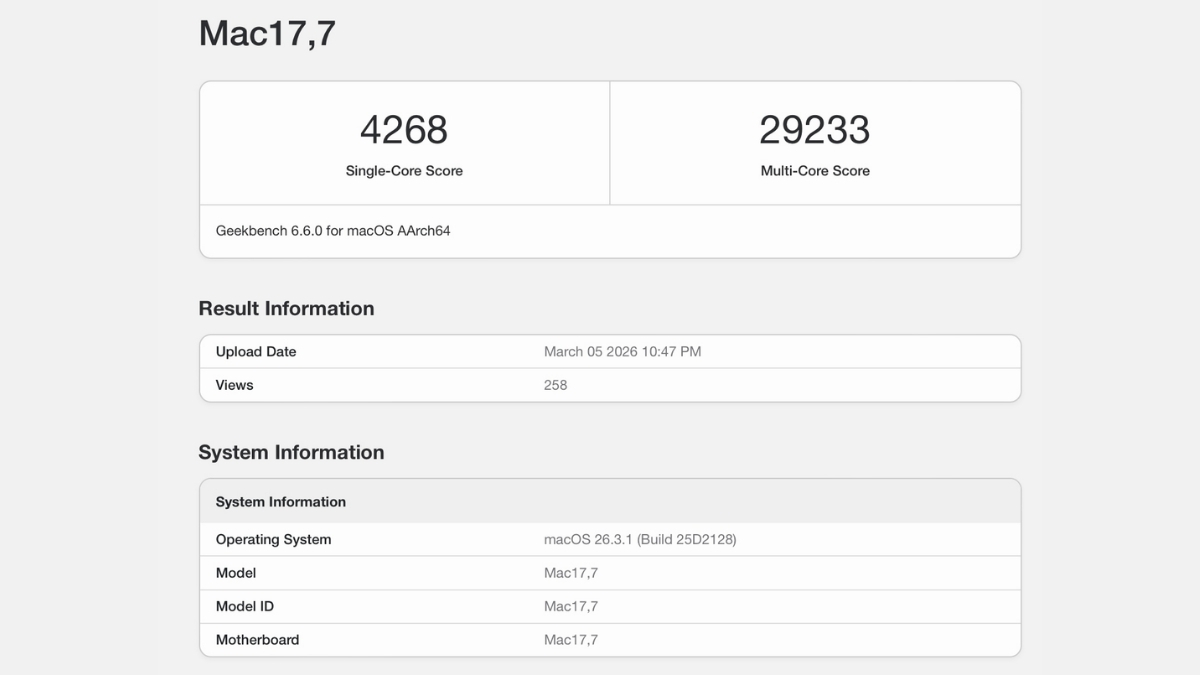 Con chip Apple M5 Max 18 nhân ghi nhận điểm số hiệu năng cực khủng