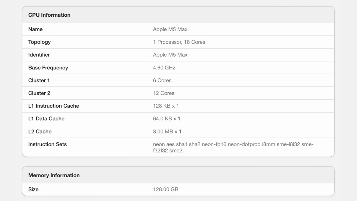 Thông tin chi tiết trên Geekbench về Apple M5 Max 18 nhân
