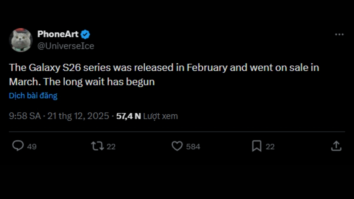 Leaker nổi tiếng Ice Universe cho rằng Galaxy S26 sẽ được công bố vào tháng 2 và bán ra vào tháng 3