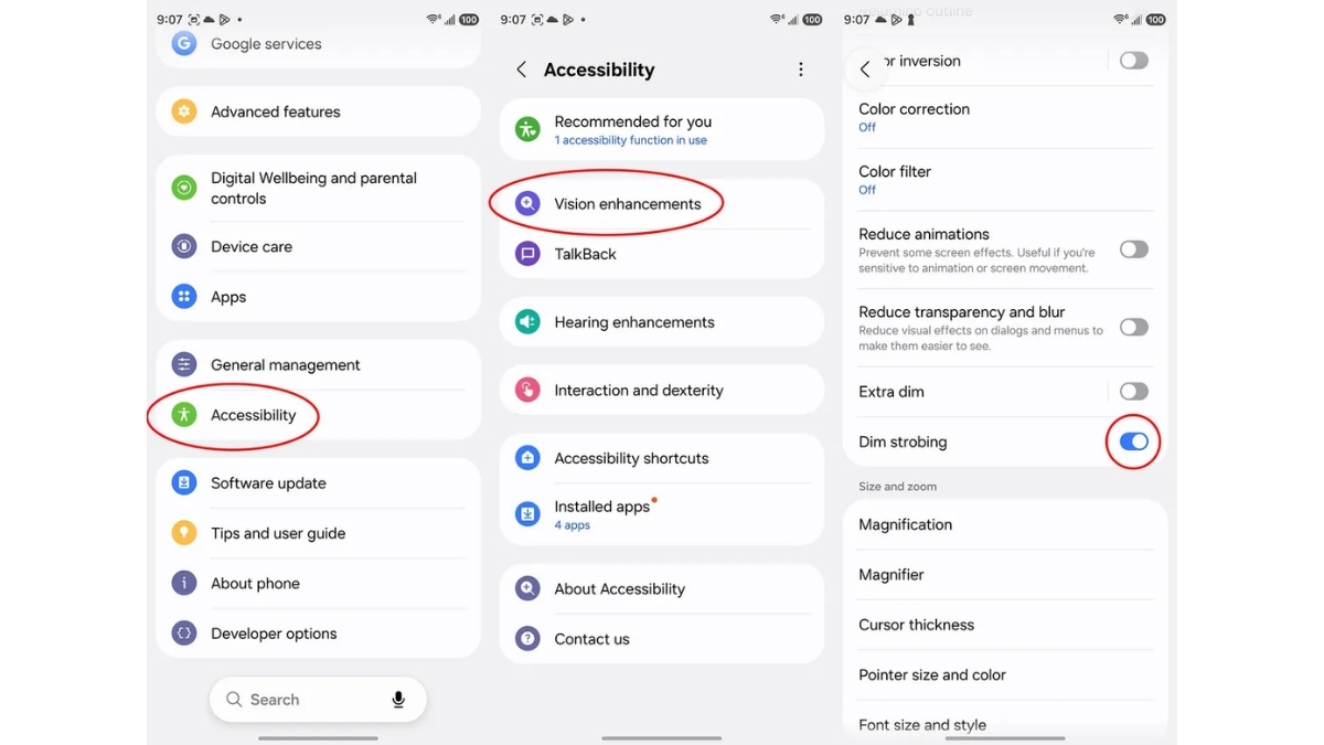 Người dùng có thể kích hoạt tính năng Giảm chớp sáng (Dim strobing) ngay trong Cài đặt