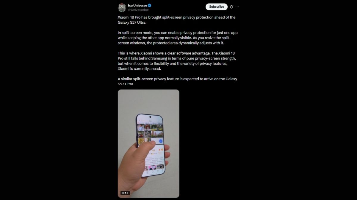 Theo leaker Ice Universe, Samsung hiện đang xem xét việc tích hợp Split Screen Privacy Display