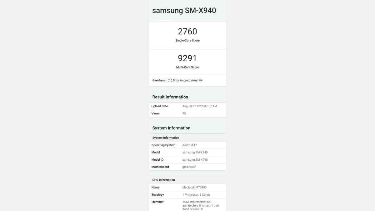 Một thiết bị được cho là Galaxy Tab S12 Ultra với mã model SM-X940 đã xuất hiện trên cơ sở dữ liệu của Geekbench 7