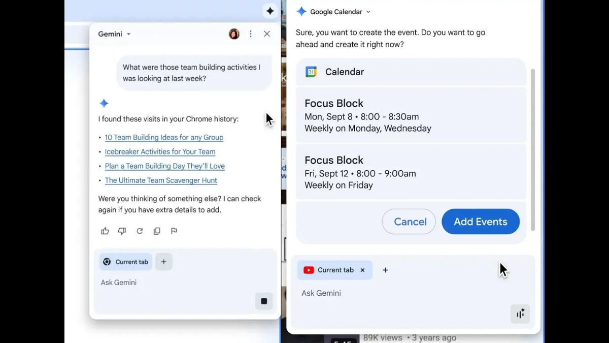Gemini tóm tắt, so sánh thông tin từ nhiều tab đang mở, tích hợp Google Calendar và nhiều công cụ khác