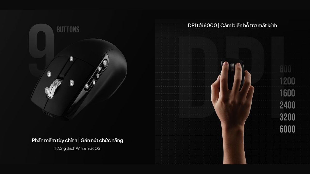 HyperWork Macro sở hữu hệ thống 9 nút chức năng, DPI linh hoạt từ 800 đến 6000