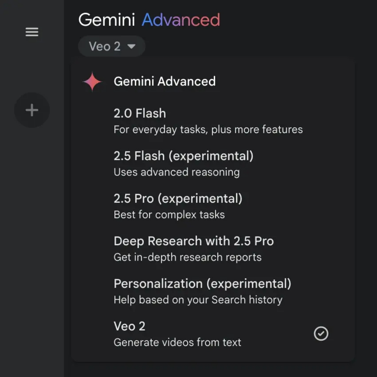 Người dùng sẽ thấy tùy chọn Veo 2 trong danh sách mô hình của Gemini Advanced
