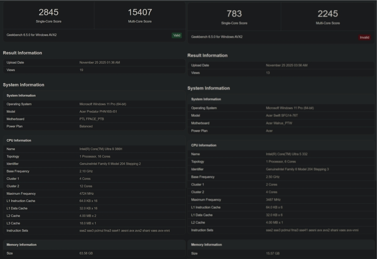 Điểm số Geekbench của Intel Core Ultra 9 386H (bên trái) và Core Ultra 5 322 (bên phải)