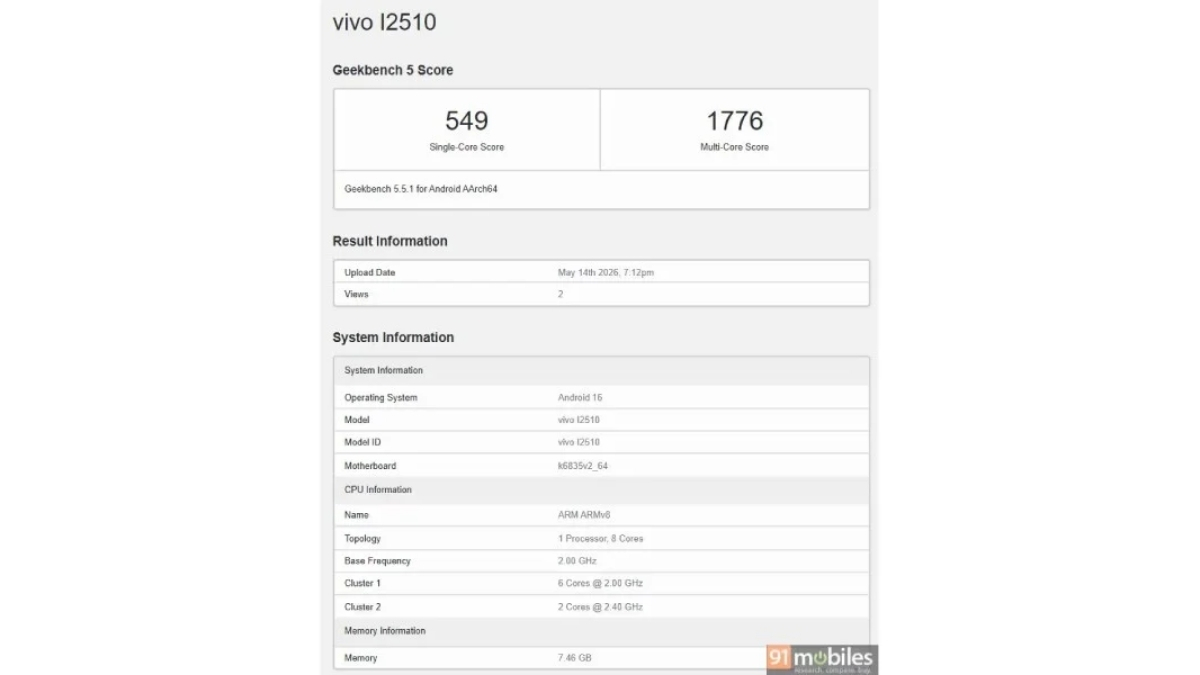 iQOO Z11 Lite lộ diện với 549 điểm trong bài kiểm tra đơn nhân và 1,776 điểm đa nhân