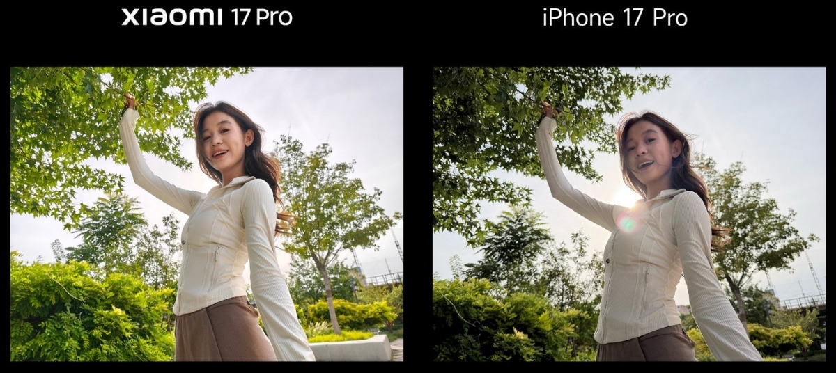 Ảnh chụp trên Xiaomi 17 Pro (bên trái) được đặt cạnh ảnh chụp từ iPhone 17 Pro (bên phải)