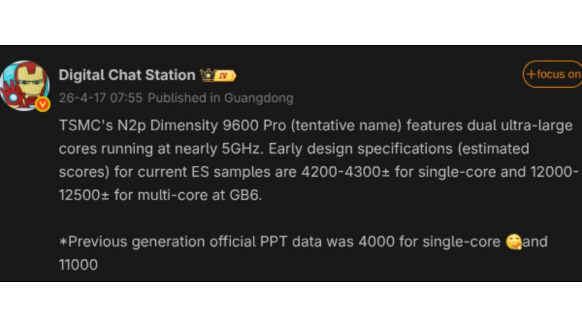 Tin đồn cho biết Dimensity 9600 Pro có thể đạt khoảng 4,300 điểm đơn nhân và 12,500 điểm đa nhân