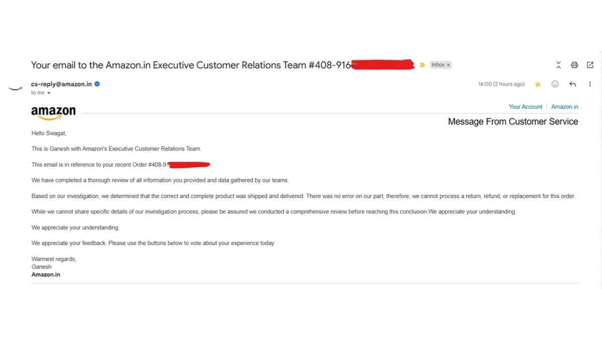 Phản hồi từ Amazon Ấn Độ bác bỏ yêu cầu hoàn tiền sau 8 ngày điều tra nội bộ